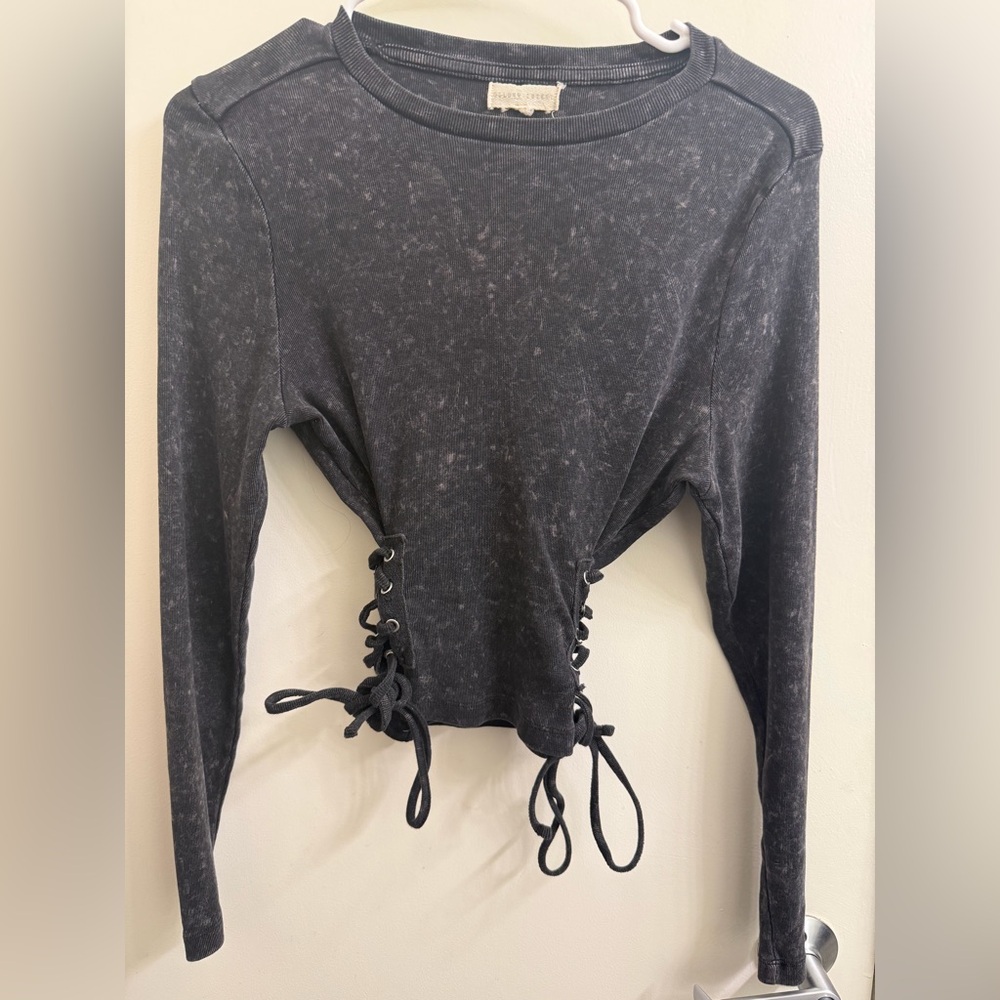 Washed Black Corset Long Sleeve Crop Top